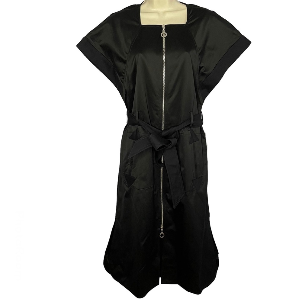 EDUN Short-Sleeve Zip-Front Belted Poplin Midi Black Dress